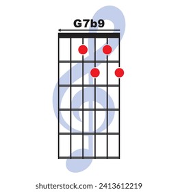 G7 b9 guitar chord icon. Basic guitar chord vector illustration symbol design