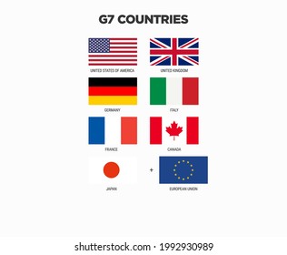 Banderas de países del G7 - Símbolo nacional del Grupo de los Siete. Cumbre Mundial; Estados Unidos, Canadá, Reino Unido, Francia, Italia, Japón y UE Vectores aislados en color o colores oficiales.