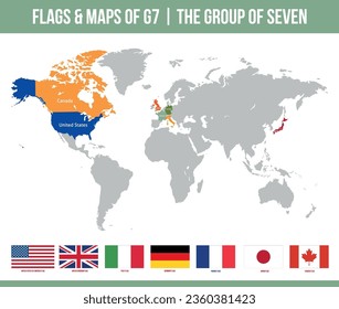 G7 Flags  Maps. Group of Seven. Canada, France, Germany, Italy, Japan, The United Kingdom And The United States. G7 Isolated Vector Flags  Maps Set.