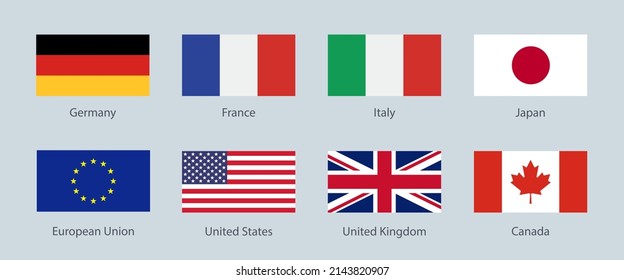 G7 or Group of seven. International political union of largest advanced economies. Vector flag of Canada, France, Germany, Italy, Japan, United Kingdom, United States.