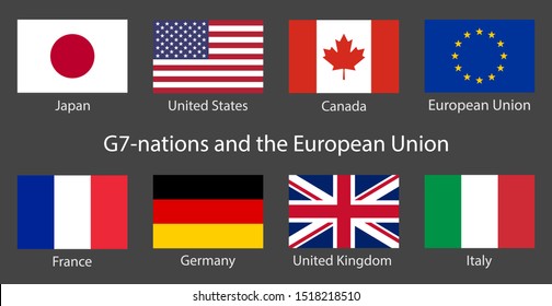 G7 summit flags Isolated icons with European Union. Group of Seven vector flags with every country organization member symbol. Great world leaders G7-nations Group of Seven economic organization flags