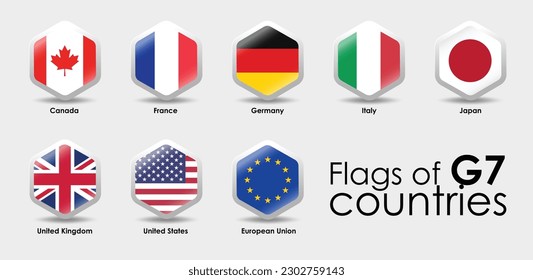 G7 summit flags Isolated icons. Group of Seven vector flags symbol. Simple Hexagon shape design. 