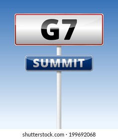 G7 Summit traffic sign with blue sky background.