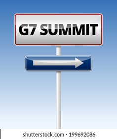 G7 Summit traffic sign with blue sky background.