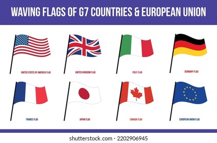 G7 Waving Flags. Group of Seven Flags. Canada, France, Germany, Italy, Japan, The United Kingdom, the United States  European Union. G7 Isolated Vector Flags Set.