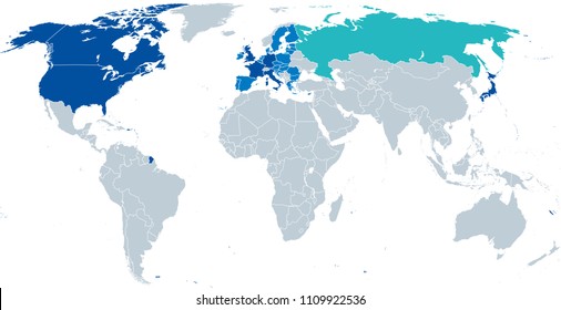 G8, Group of Eight, map. Reformatted in 2014 as G7. Worlds largest advanced economies. Suspended Russia, turquoise. Remaining members, dark blue. Attending Council President of EU, light blue. Vector.