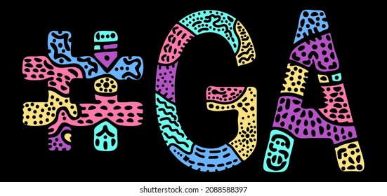GA Hashtag. Multicolored bright isolate curves doodle letters. Hashtag #GA is abbreviation for the US American state Georgia for social network, web resources, mobile apps.