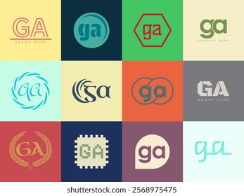 GA logo company template. Letter g and a logotype. Set different classic serif lettering and modern bold text with design elements. Initial font typography. Collection trendy business identity.