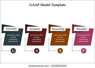 GAAP - Principios de contabilidad generalmente aceptados. Plantilla de infografía con iconos y marcador de posición de descripción