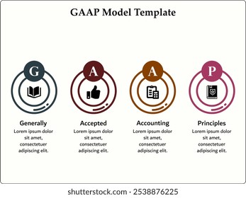 GAAP - Principios de contabilidad generalmente aceptados. Plantilla de infografía con iconos y marcador de posición de descripción