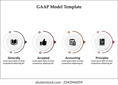 GAAP - Principios de contabilidad generalmente aceptados. Plantilla de infografía con iconos y marcador de posición de descripción