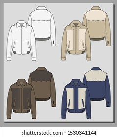 Gabardine vintage jacket. Bicolor mid season jacket. Brown, camel and navy colored. Fashion flat sketch illustration. Jacket template.