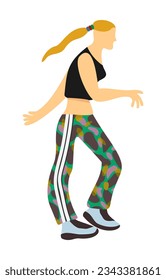 Muchacha de Gabber bailando hakkuh. Al estilo gabba. Niña con la cabeza afeitada y peinado de cola de pontón en pantalones de abrigo y zapatillas brillantes. Ilustración aislada del vector.