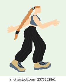 Muchacha de Gabber bailando hakkuh. Al estilo gabba. Niña con la cabeza afeitada y peinado de cola de pontón en pantalones de abrigo y zapatillas brillantes. Ilustración aislada del vector.