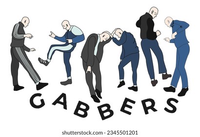 Gabbers bailando hakkuh. Al estilo gabba. Hombres con la cabeza afeitada en pantalones de sudadera y zapatillas de deporte. La subcultura juvenil proviene de los años 80-90. Ilustración aislada del vector.