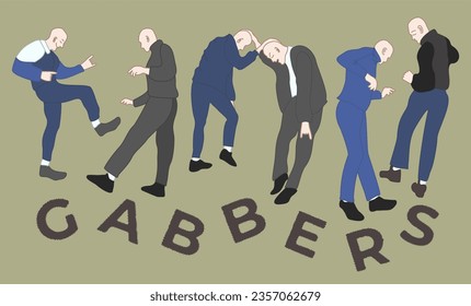 Gabbers bailando hakkuh. Al estilo gabba. Hombres con la cabeza afeitada en pantalones de sudadera y zapatillas de deporte. La subcultura juvenil proviene de los años 80-90. Ilustración vectorial con letras.