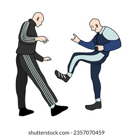 Gabbers bailando hakkuh. Al estilo gabba. Hombres con la cabeza afeitada en pantalones de sudadera y zapatillas de deporte. La subcultura juvenil proviene de los años 80-90. Ilustración aislada del vector.