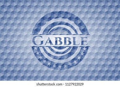 Gabble blue emblem with geometric pattern background.