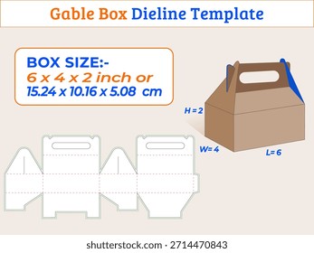 Gable Box Dieline Vorlage von 6x4x2 Zoll Größe