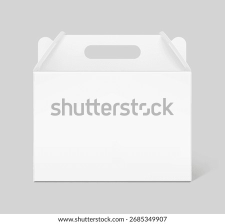 Gable box with handle for transport and sell your product mockup. Vector illustration isolated on grey background. Easy to use for presentation your product, idea, promo, design. EPS10.