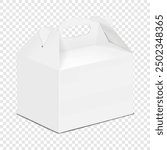 Gable box isolated on transparent background. 3d mockup. White blank carton packaging. Realistic vector mock-up. Cardboard gift bag with handle. Template for design