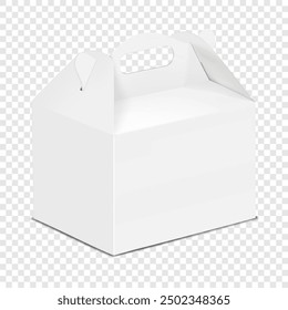 Giebel einzeln auf transparentem Hintergrund. 3D-Modell. Weiße leere Kartonverpackung. Realistische Vektorgrafik. Pappe Geschenktasche mit Griff. Vorlage für Design