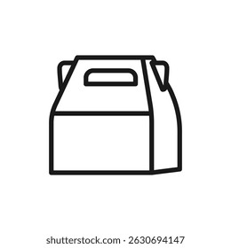Gable box line icon. Cardboard gift or food box with a handle pictogram. Dessert gift packaging. For delivery branding, bakery, or takeaway service graphics. Isolated vector illustration