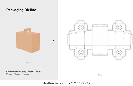 Gable Box Packaging Dieline mit Handle und Lock Tabs Vorlage