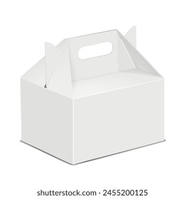 Gable box. Realistic vector mockup. White blank carton packaging mock-up. Cardboard gift bag with handle. Template for design