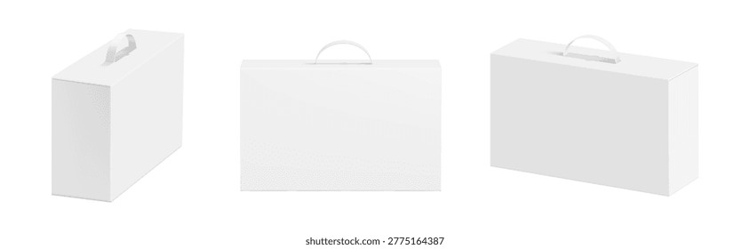 Gable box templates, realistic carton bag mockup in various point of view. Vector paper parcel or takeaway pack with built in handle. Containers for promotional giveaways or small retail goods