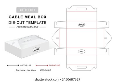 Caja de comida de mesa troquelado Plantilla con mango y maqueta de Vector en blanco 3D. Caja de manija dieline