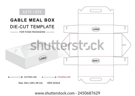 Gable meal box die cut template with handle and 3D blank vector mockup. Handle box dieline