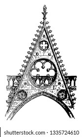 Gable at Notre Dame de Paris, the South Transept Door,  Gable, Gothic architecture, vintage line drawing or engraving illustration.