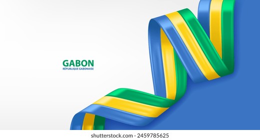 Gabon 3D ribbon flag. Bent waving 3D flag in colors of the Gabon national flag. National flag background design.