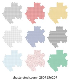 Gabon border set with various artistic textures, colorful pixelated outlines, abstract african cartography vector design.