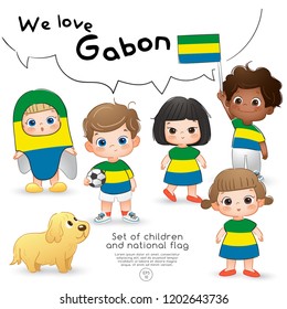 Gabon : Boys and girls holding flag and wearing shirts with national flag print : Vector Illustration
