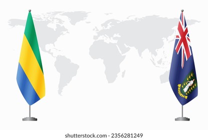 Gabon and British Virgin Islands flags for official meeting against background of world map.