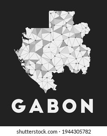 Gabón - mapa de la red de comunicación del país. Diseño geométrico de moda gabonés sobre fondo oscuro. Tecnología, internet, red, concepto de telecomunicaciones. Ilustración vectorial.