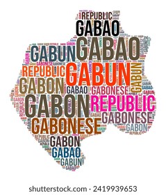 Gabon country shape word cloud. Typography style country illustration. Gabon image in text cloud style. Vector illustration.