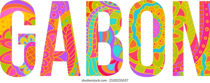 Gabon creative country name text design filled with colorful doodle pattern	