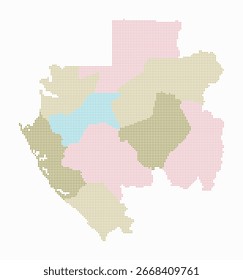 Mapa punteado de Gabón. Mapa de estilo digital del país sobre fondo blanco. Forma de Gabón con puntos circulares. Estilo de puntos de colores. Círculos de tamaño Pequeño. Hermosa Ilustración vectorial.