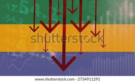 Gabon economic collapse, increasing values with cubes, financial decline, crisis and downgrade concept, Gabon flag with upward rising arrow, dollar USD symbol, fail and decrease