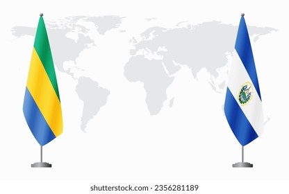 Gabon and El Salvador flags for official meeting against background of world map.