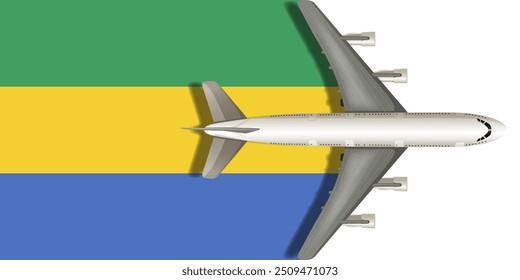 Gabon flag with airplane flying over it close up. Vector image.