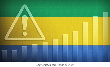 Gabon flag with burlap texture, warning sign, and rising bar chart symbolizing increasing risk or growth challenges in the country. Ideal for data presentations.