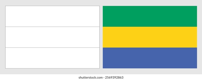 Gabon flag - coloring page. Set of white wireframe thin black outline flag and original colored flag.