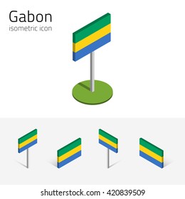 Gabon flag (Gabonese Republic), vector set of isometric flat icons, 3D style. African country flags. Editable design elements for banner, website, presentation, infographic, map, illustration. Eps 10