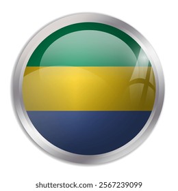 Gabon flag - glossy circle button displays a colorful flag representing a country cultural identity and heritage. The essence of national pride and unity.