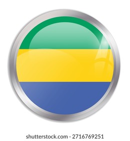 Gabon flag - glossy circle button in metal frame displays a colorful flag of a country cultural identity and heritage. The essence of national pride and unity.