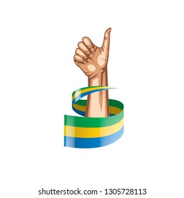 Gabon flag and hand on white background. Vector illustration